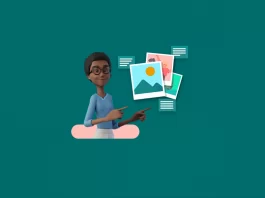 A Maya está no centro sorrindo e apontando para o lado direito. Ao lado dela estão algumas fotos suspensas com caixas de texto ao redor delas.