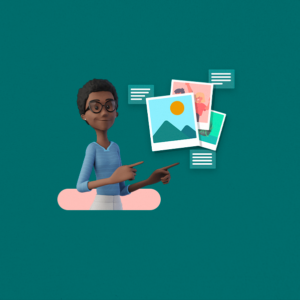 A Inclusão Digital: Desvendando o Mundo para Todos Verem A Maya está no centro sorrindo e apontando para o lado direito. Ao lado dela estão algumas fotos suspensas com caixas de texto ao redor delas.