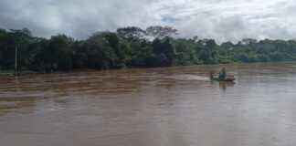 Terra Indígena Caru, entrada da Aldeia Maçaranduba, local onde o Rio Pindaré separa o município de Bom Jardim, na margem ao fundo, do município de Alto Alegre do Pindaré. Registro de março de 2024 durante a cheia do Rio