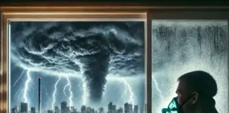 Imagem de tempestade severa com trovões, destacando os riscos climáticos para a saúde respiratória.