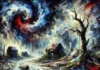 Mudanças Climáticas: A Nova Era dos Furacões e Eventos Extremos Frequentes pelo Mundo Pintura expressionista retratando a devastação causada por um furacão, com ventos fortes, árvores caídas e estruturas destruídas