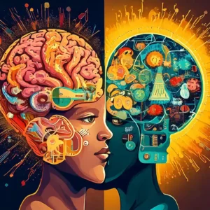 Diferenças entre QE e QI: Qual é mais importante? Uma ilustração comparativa que representa visualmente a diferença entre QI e QE. O lado esquerdo mostra um cérebro brilhante, cheio de conexões tecnológicas e símbolos matemáticos (representando lógica, análise e pensamento racional – QI). O lado direito apresenta um coração luminoso rodeado por pessoas interagindo de maneira harmoniosa, com expressões emocionais e cores quentes (simbolizando empatia, emoção e conexões interpessoais – QE). A imagem deve ser equilibrada, com uma linha sutil dividindo os dois conceitos, utilizando uma paleta de cores que transmita contraste entre lógica (tons frios, como azul) e emoção (tons quentes, como vermelho e amarelo)