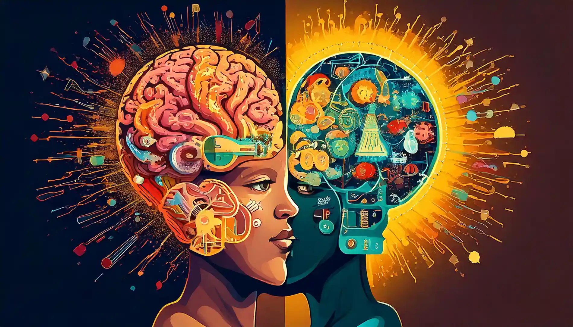 Uma ilustração comparativa que representa visualmente a diferença entre QI e QE. O lado esquerdo mostra um cérebro brilhante, cheio de conexões tecnológicas e símbolos matemáticos (representando lógica, análise e pensamento racional – QI). O lado direito apresenta um coração luminoso rodeado por pessoas interagindo de maneira harmoniosa, com expressões emocionais e cores quentes (simbolizando empatia, emoção e conexões interpessoais – QE). A imagem deve ser equilibrada, com uma linha sutil dividindo os dois conceitos, utilizando uma paleta de cores que transmita contraste entre lógica (tons frios, como azul) e emoção (tons quentes, como vermelho e amarelo)