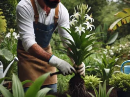 Um jardineiro vestindo roupas simples e luvas de jardinagem, adubando um lírio da paz em um jardim bem cuidado