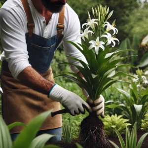 Como o lírio da paz gosta de ser tratado nos dias quentes Um jardineiro vestindo roupas simples e luvas de jardinagem, adubando um lírio da paz em um jardim bem cuidado