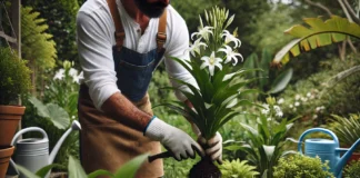 Um jardineiro vestindo roupas simples e luvas de jardinagem, adubando um lírio da paz em um jardim bem cuidado