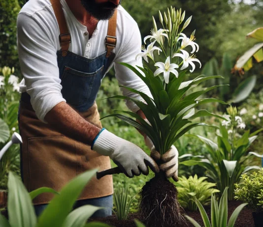 Um jardineiro vestindo roupas simples e luvas de jardinagem, adubando um lírio da paz em um jardim bem cuidado