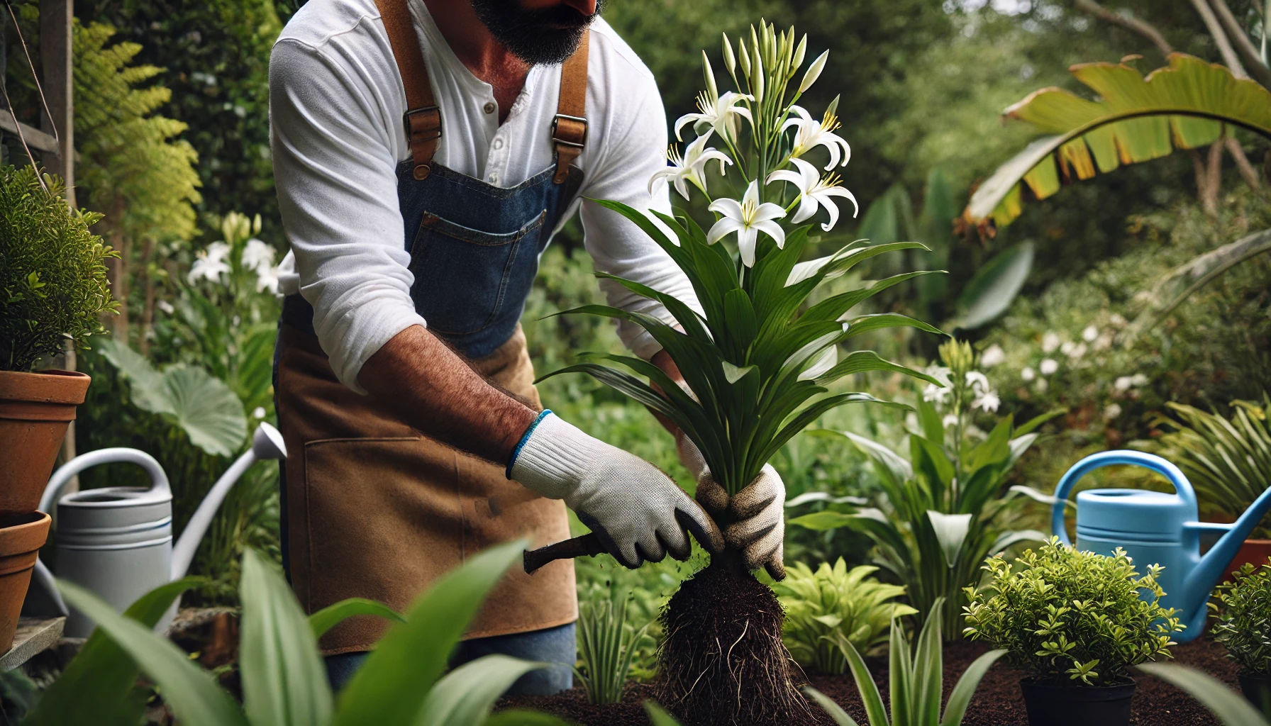 Um jardineiro vestindo roupas simples e luvas de jardinagem, adubando um lírio da paz em um jardim bem cuidado