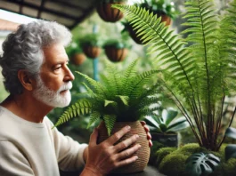 Um senhor idoso com expressão serena observando atentamente uma samambaia exuberante em um vaso pendente