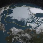 A cobertura de gelo marinho feita de água do mar congelada que flutua sobre o oceano, ajuda a regular a temperatura do planeta, está caindo muito Imagem NASA/Goddard Scientific Visualization Studio
