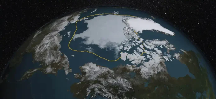 A cobertura de gelo marinho feita de água do mar congelada que flutua sobre o oceano, ajuda a regular a temperatura do planeta, está caindo muito Imagem NASA/Goddard Scientific Visualization Studio