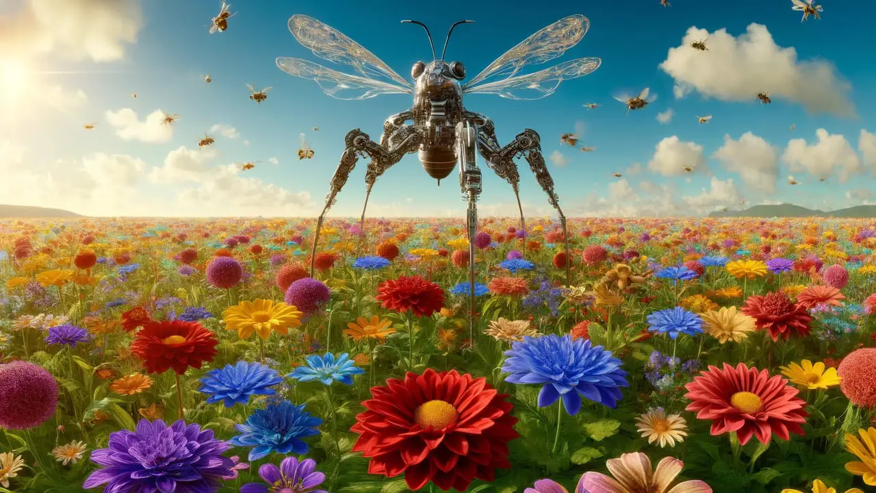 DALL·E-2024-04-29-17.17.50-A-wide-image-depicting-a-futuristic-scene-where-a-six-armed-robotic-bee-is-pollinating-a-vibrant-field-of-various-flowers.-The-robot-bee-designed-wit Roboabelhas revolucionam polinização agrícola com eficiência surpreendente
