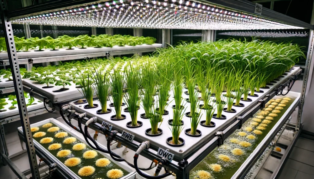 DALL·E 2024 06 14 16.45.44 A detailed view of a hydroponic farming setup specifically for growing rice in an indoor environment. The rice plants are growing in a deep water cult 10 1