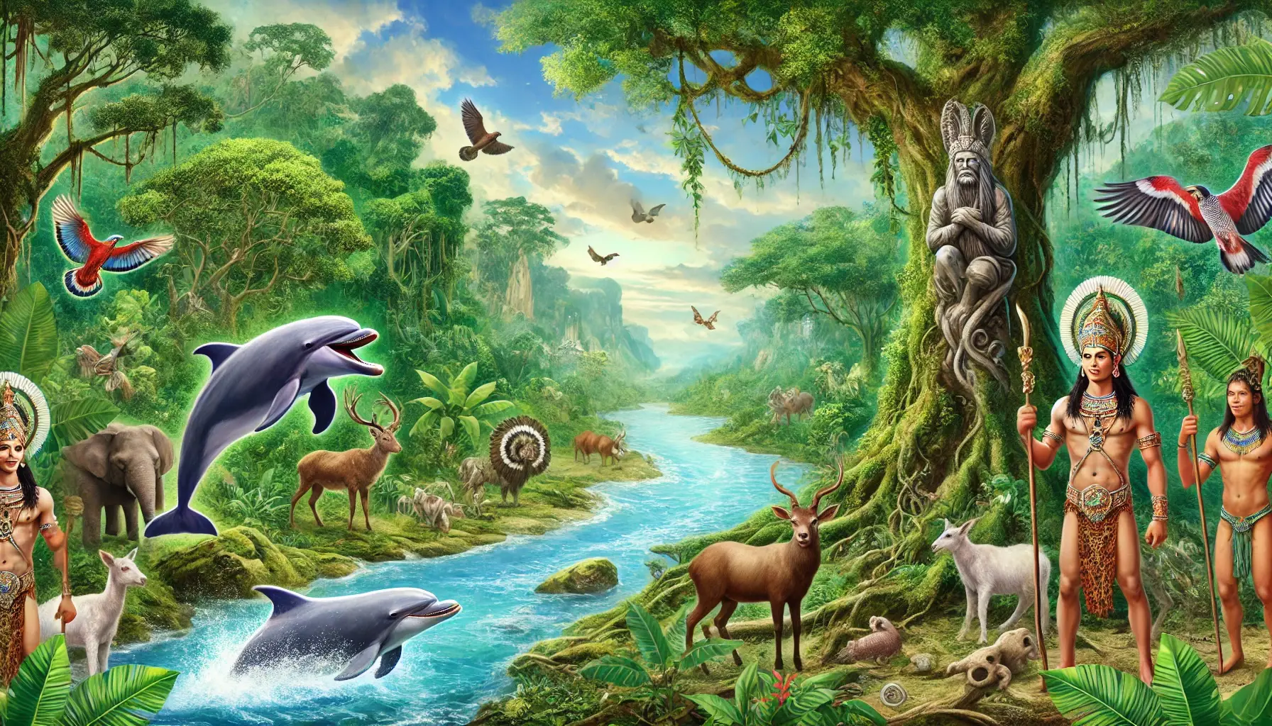 DALL·E-2024-09-23-19.59.27-A-realistic-and-vivid-image-depicting-an-Amazon-rainforest-scene-featuring-mythical-creatures-and-elements-from-Amazonian-folklore-such-as-the-Boto-2 Grande Rio leva encantarias do Pará para a Sapucaí em enredo mágico e plural