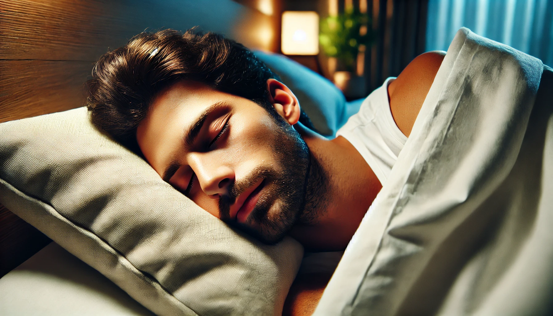 Homem foi dormir em sua cama com uma expressão serena e relaxada. A cena tem iluminação suave