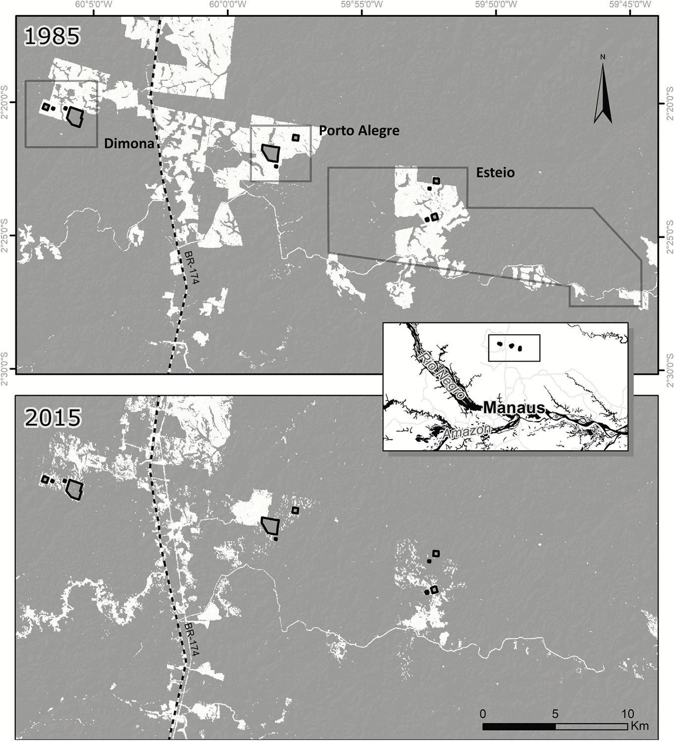 Nas partes mais intocadas e imaculadas da Amazônia, os pássaros estão morrendo 3 Imagens Landsat TM de 1985 e 2015 do Projeto Dinâmica Biológica de Fragmentos Florestais, ao norte de Manaus, Brasil. O isolamento de fragmentos em 3 fazendas de gado adjacentes (Dimona, Porto Alegre e Esteio) começou em 1980, resultando eventualmente em 11 fragmentos de estudo, indicados com contornos escuros