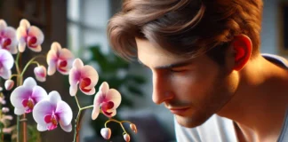 Lindas orquídeas recebendo cuidados. A planta está em um vaso em ambiente iluminadowebp