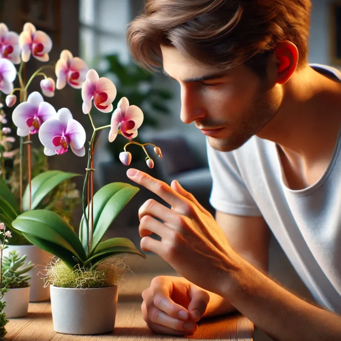 Lindas orquídeas recebendo cuidados. A planta está em um vaso em ambiente iluminadowebp