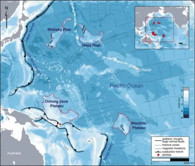 A Terra está se abrindo no fundo do Oceano Pacífico 1 Os quatro grandes plat s submarinos Ontong Java Shatsky Hess e Manihiki no Oceano Pacifico