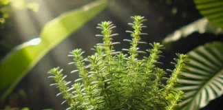 Um vaso de alecrim saudável crescendo ao sol, com solo bem drenado e folhas verdes vibrantes