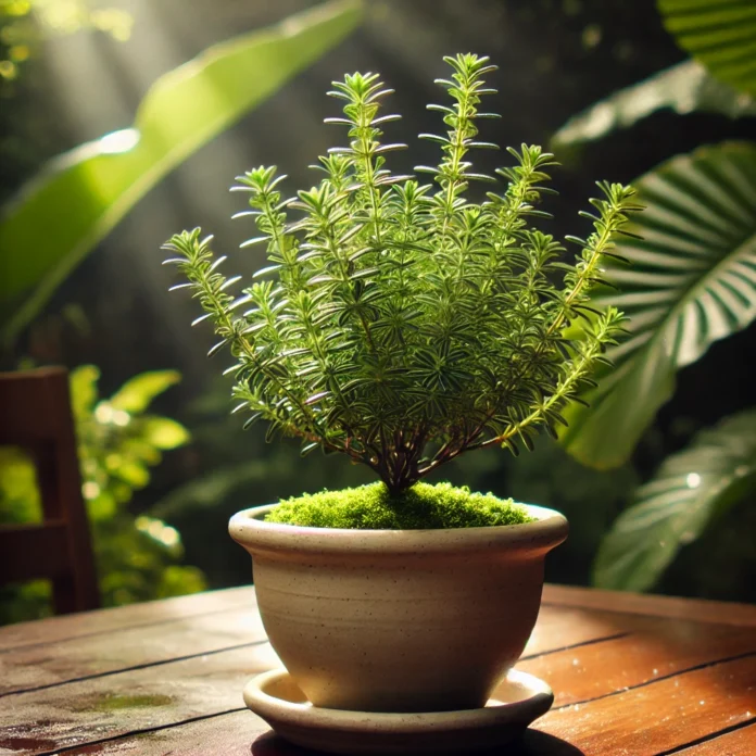 Um vaso de alecrim saudável crescendo ao sol, com solo bem drenado e folhas verdes vibrantes Um vaso de alecrim saudável crescendo ao sol, com solo bem drenado e folhas verdes vibrantes