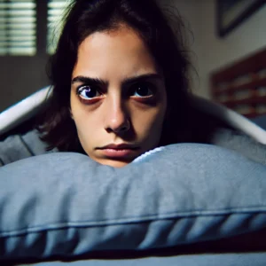 Quais os impactos de dormir por uma semana? O que acontece com nosso corpo? Uma pessoa com insônia e sem dormir, sentada na cama com olheiras profundas e uma expressão de exaustão. Seu olhar está perdido e seu corpo demonstra sinai