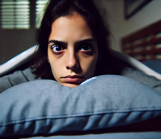 Uma pessoa com insônia e sem dormir, sentada na cama com olheiras profundas e uma expressão de exaustão. Seu olhar está perdido e seu corpo demonstra sinai