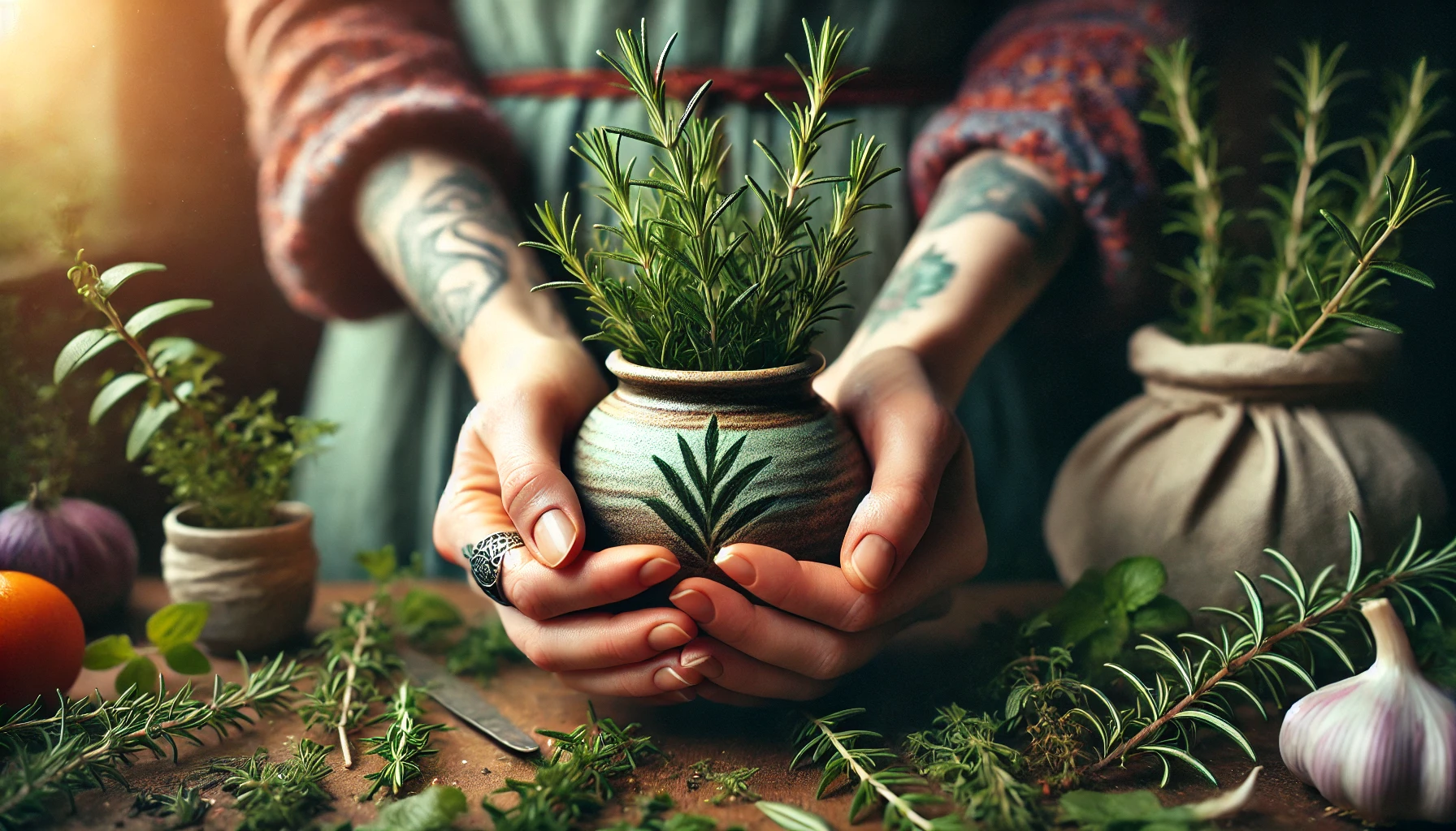 Uma pessoa segurando um vaso pequeno com um pé de alecrim (Rosmarinus officinalis) saudável em destaque