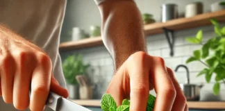 hortelã sendo manipulada por pessoas com ramos frescos nas mãos