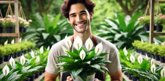 lírio da paz florido em um vaso decorativo, com um jardim verde ao fundo