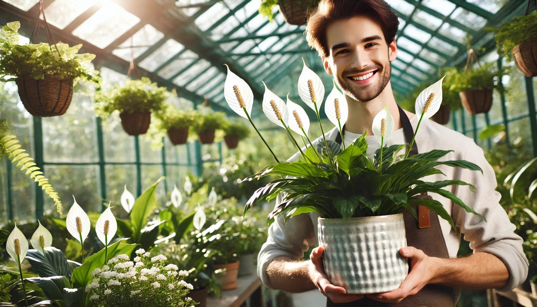 lírio da paz florido em um vaso decorativo, com um jardim verde ao fundo