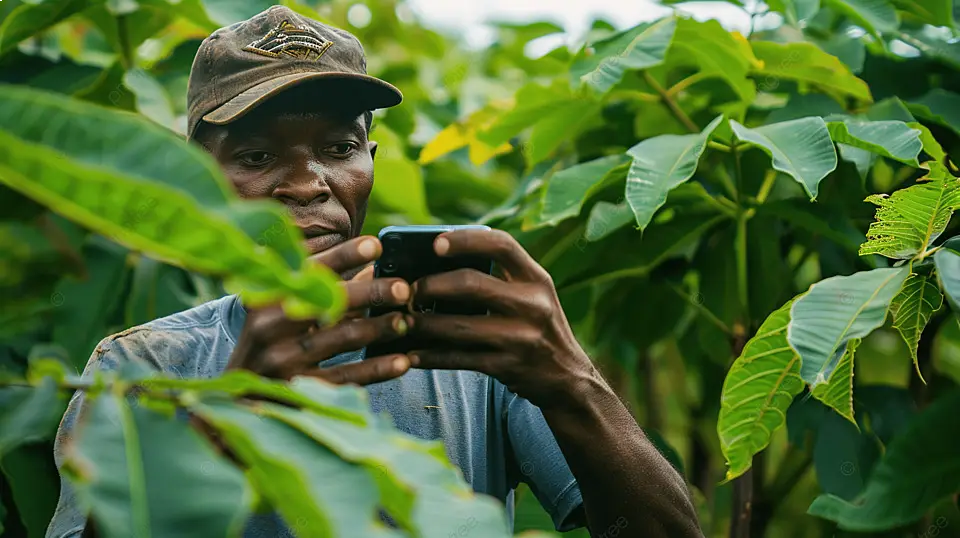 pngtree-young-farmer-uses-a-smartphone-to-take-pictures-of-cassava-leaves-image_15999291 Agricultores familiares ganharão acesso a celular 4G e internet de alta velocidade no campo