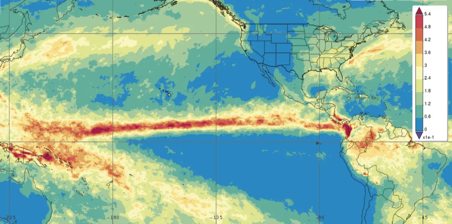 A zona de convergência intertropical ou “ZCIT” forma aproximadamente uma faixa que circunda a Terra perto do Equador, onde os ventos alísios de nordeste no Hemisfério Norte convergem com os ventos alísios de sudeste no Hemisfério Sul. 
