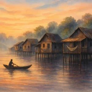 O movimento dos rios amazônicos molda a biodiversidade Vila ribeirinha ao amanhecer em estilo aquarela