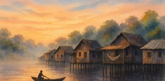 Vila ribeirinha ao amanhecer em estilo aquarela