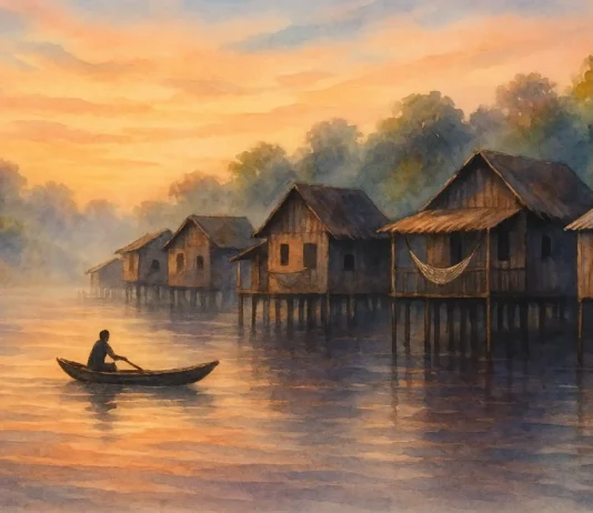 Vila ribeirinha ao amanhecer em estilo aquarela