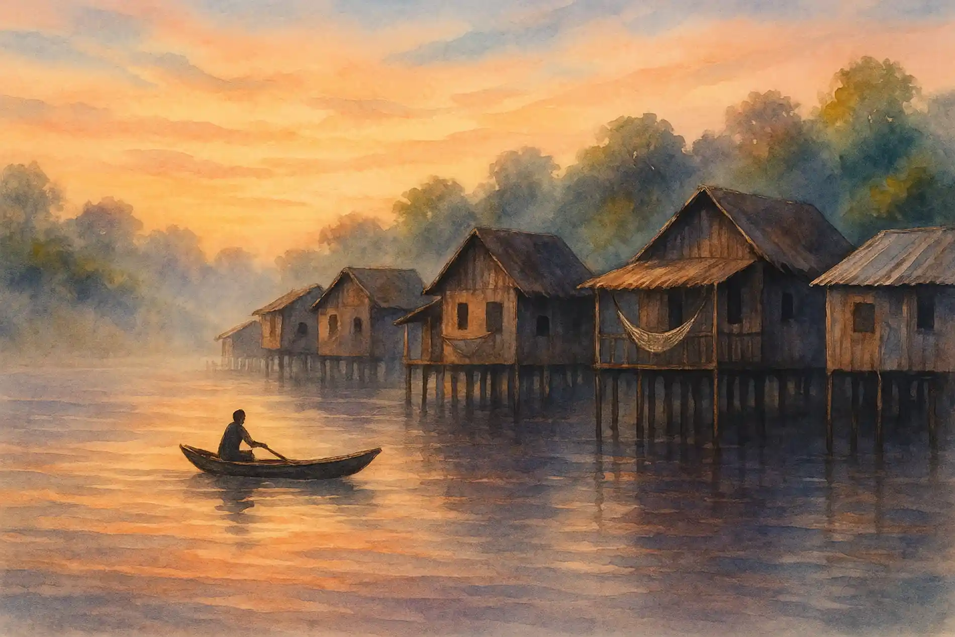 Vila ribeirinha ao amanhecer em estilo aquarela