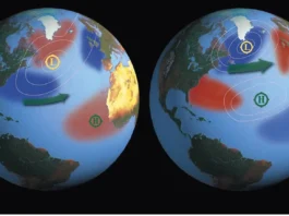 Mapas globais da Terra no Oceano Atlântico mostram padrões de temperatura da superfície do mar durante episódios de El Niño (esquerda) e La Niña (direita). As cores ao longo do equador mostram áreas que são mais quentes ou mais frias do que a média de longo prazo