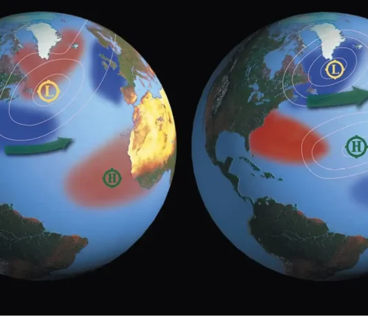 Mapas globais da Terra no Oceano Atlântico mostram padrões de temperatura da superfície do mar durante episódios de El Niño (esquerda) e La Niña (direita). As cores ao longo do equador mostram áreas que são mais quentes ou mais frias do que a média de longo prazo