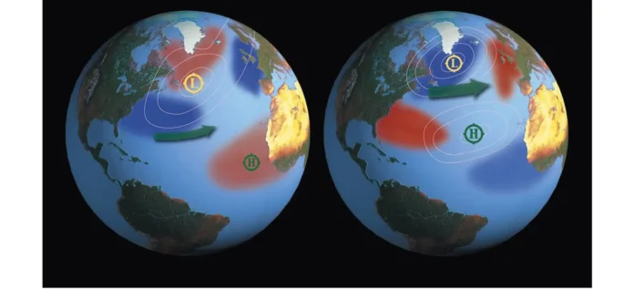 Mapas globais da Terra no Oceano Atlântico mostram padrões de temperatura da superfície do mar durante episódios de El Niño (esquerda) e La Niña (direita). As cores ao longo do equador mostram áreas que são mais quentes ou mais frias do que a média de longo prazo
