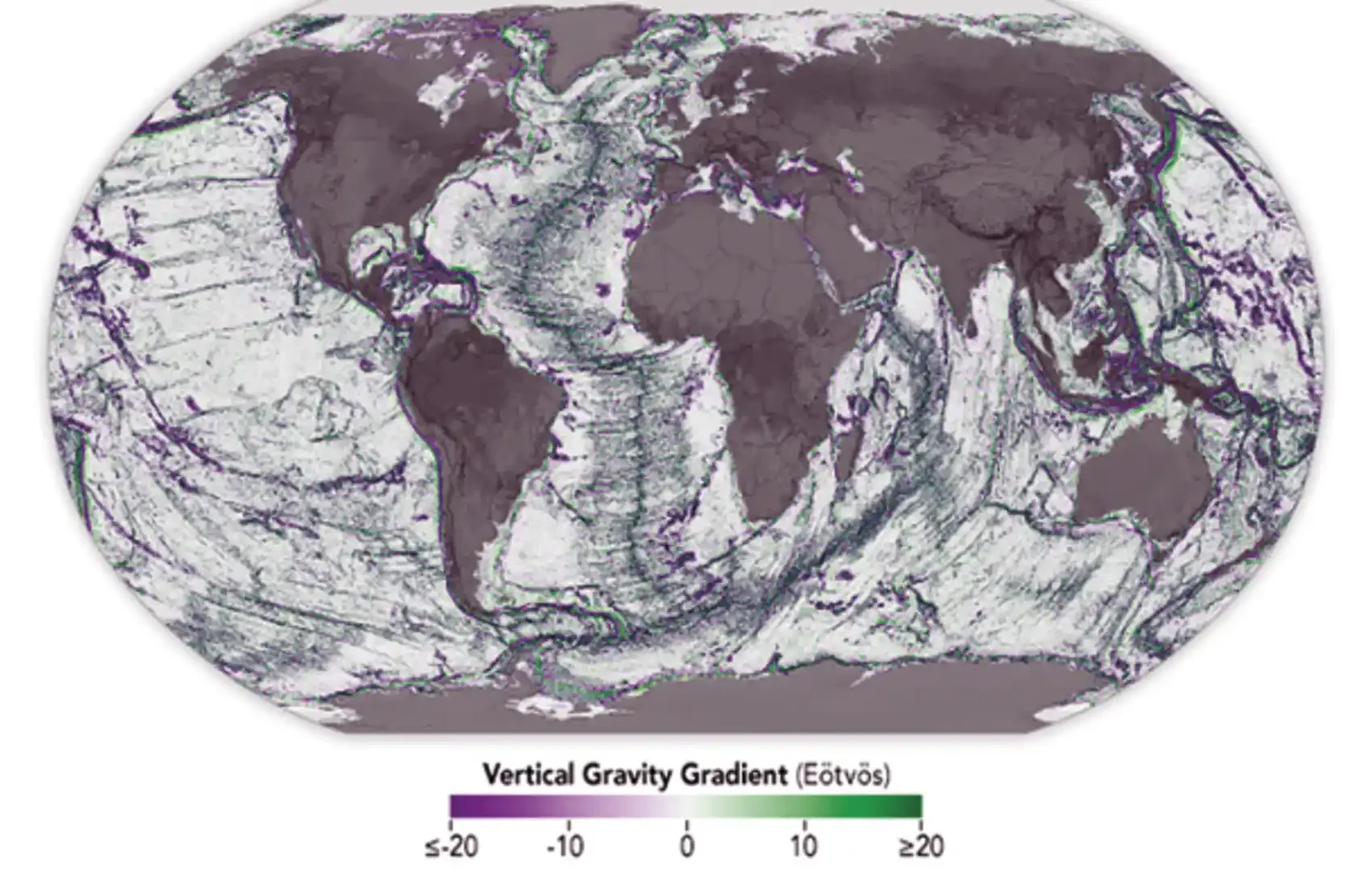 Um mapa global do oceano do mundo sobreposto com informa es de gravidade indicando a localiza o de depress es roxo e caracter sticas elevadas verde e1744656029529