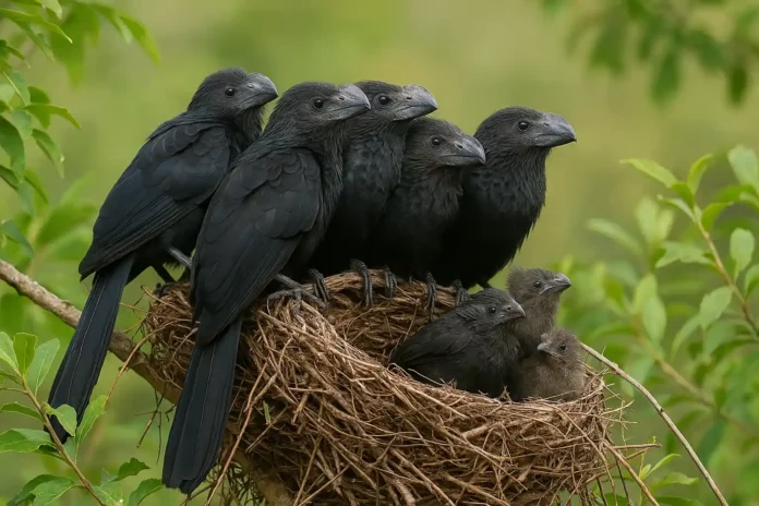 Anu-preto desafia a lógica com 1 único ninho dividido por todo o grupo