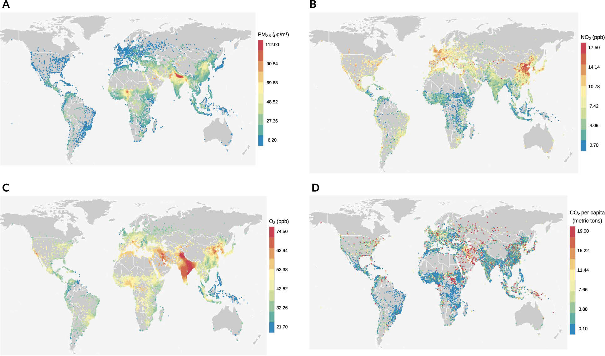 Poluição do ar e emissões de CO₂ em milhares de cidades em todo o mundo 2 Distribuições globais das concentrações médias anuais ponderadas pela população de PM 2,5 , NO 2 e OSDMA8 (O 3 ) e FFCO 2 per capita em áreas urbanas em 2019 Estudo revela como 13.189 cidades evoluíram em poluição e CO₂, mostrando desigualdades e oportunidades na luta por ar limpo e clima saudável