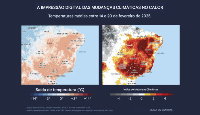 Em fevereiro de 2025, o alerta de previsão vinculou um evento de calor extremo na América do Sul. Temperaturas de até 30°C a 44°C (86°F a 111°F) estão bem acima do normal de meados ao final de fevereiro, com algumas localidades no Brasil apresentando temperaturas de 3°C a 8°C (5,4°F a 14,4°F) acima do normal para esta época do ano. Uma área persistente de alta pressão elevou as temperaturas. A NASA confirmou a intensidade dessa onda de calor — incomum até mesmo durante o verão brasileiro — combinando observações de satélite com as temperaturas previstas. O Instituto Nacional de Meteorologia (INMET) registrou temperaturas superiores a 40°C em vários locais Em fevereiro de 2025, o alerta de previsão vinculou um evento de calor extremo na América do Sul. Temperaturas de até 30°C a 44°C (86°F a 111°F) estão bem acima do normal de meados ao final de fevereiro, com algumas localidades no Brasil apresentando temperaturas de 3°C a 8°C (5,4°F a 14,4°F) acima do normal para esta época do ano. Uma área persistente de alta pressão elevou as temperaturas. A NASA confirmou a intensidade dessa onda de calor — incomum até mesmo durante o verão brasileiro — combinando observações de satélite com as temperaturas previstas. O Instituto Nacional de Meteorologia (INMET) registrou temperaturas superiores a 40°C em vários locais