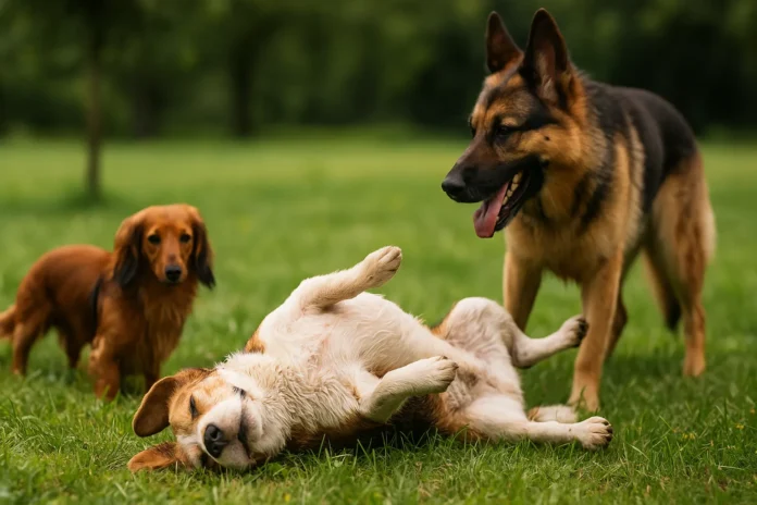 Por que cães rolam na grama e no chão após o banho