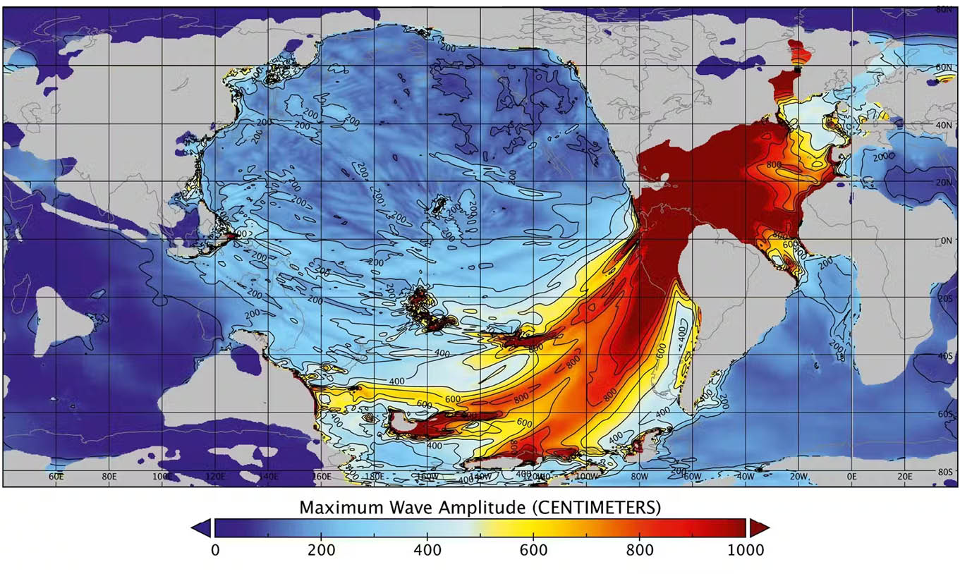Um estudo liderado pela Universidade de Michigan, utilizando dados da cratera de impacto do asteroide Chicxulub, modelou a distância que o tsunami resultante provavelmente teria alcançado. Grãos de pólen antigos e fósseis marinhos encontrados no sudeste do Missouri e analisados por cientistas da Universidade de Ciência e Tecnologia do Missouri oferecem evidências concretas da inundação 