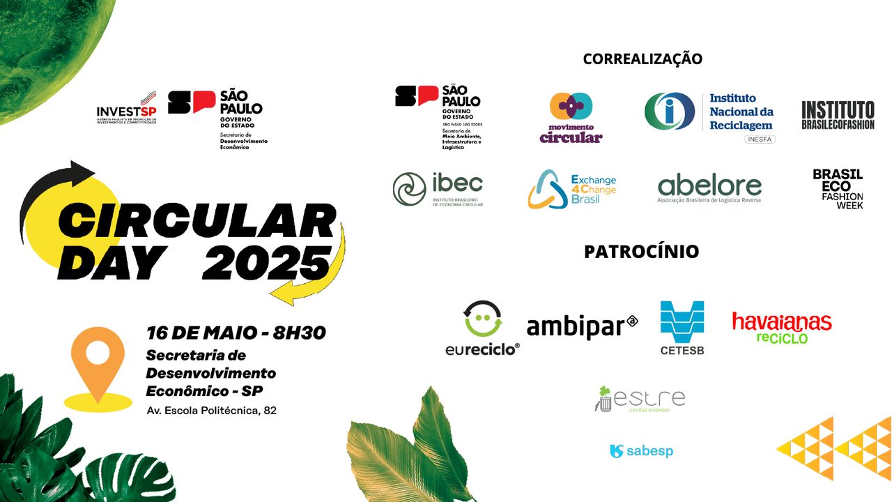 Cartaz do Circular Day 2025, um evento sobre economia circular com data, local, e logotipos dos patrocinadores e organizadores.