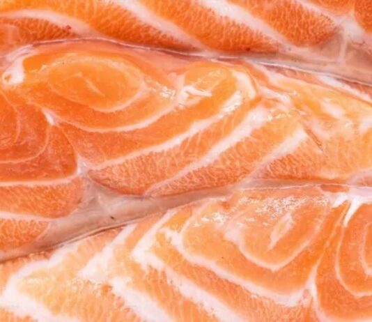 Close-up de um pedaço de salmão fresco, mostrando sua textura e cor laranja avermelhada.