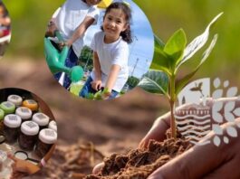 Crianças plantando uma árvore com o logotipo da COP30 Belém para Amazônia Brasil 2025 ao fundo.