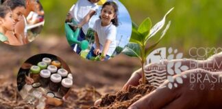 Crianças plantando uma árvore com o logotipo da COP30 Belém para Amazônia Brasil 2025 ao fundo.